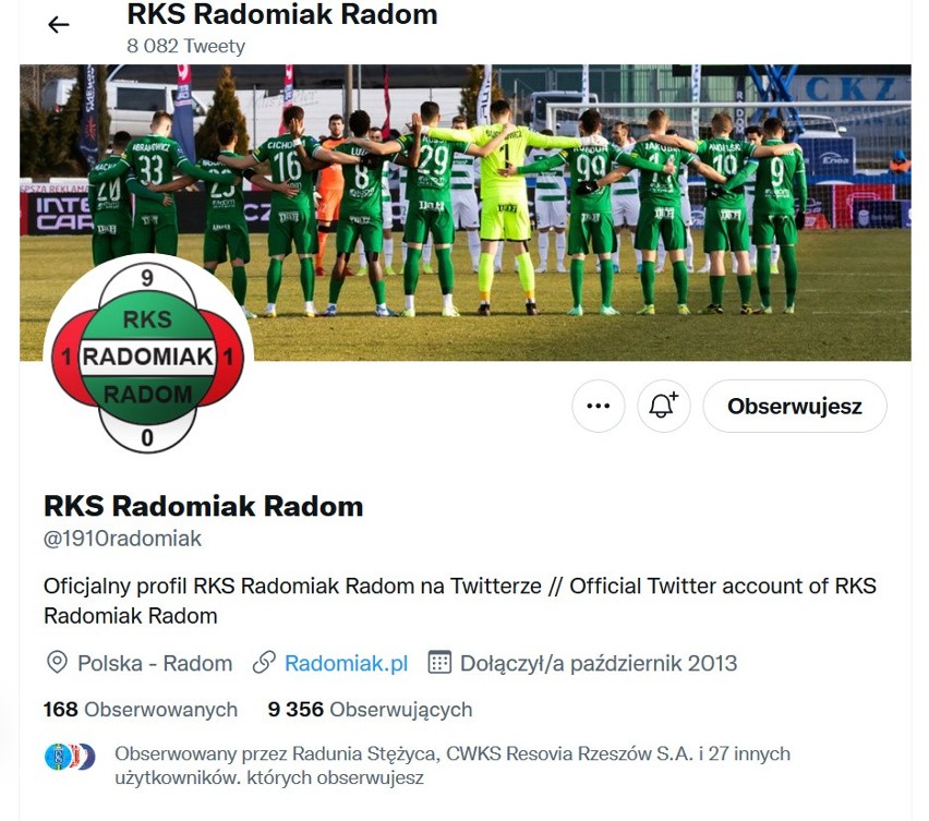 18. miejsce: Radomiak Radom - 9.356 obserwujących na...