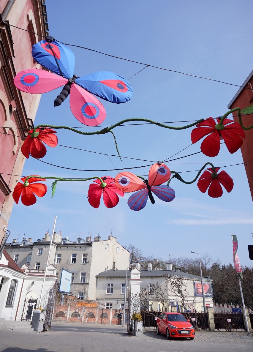 W Browarze Perła już wiosna! Między budynkami zawisły kwiaty, a przy nich przycupnęły kolorowe motyle. Zobacz zdjęcia
