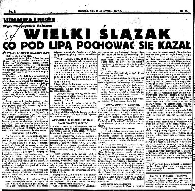 Artykuł o Józefie Lompie w „Polsce Zachodniej” ukazał się 10 stycznia 1937 roku.