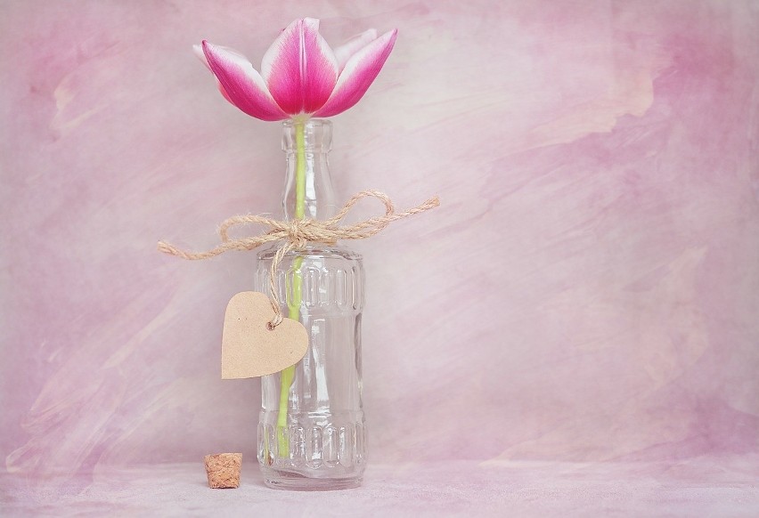 Samotny tulipan w ozdobnej butelce...