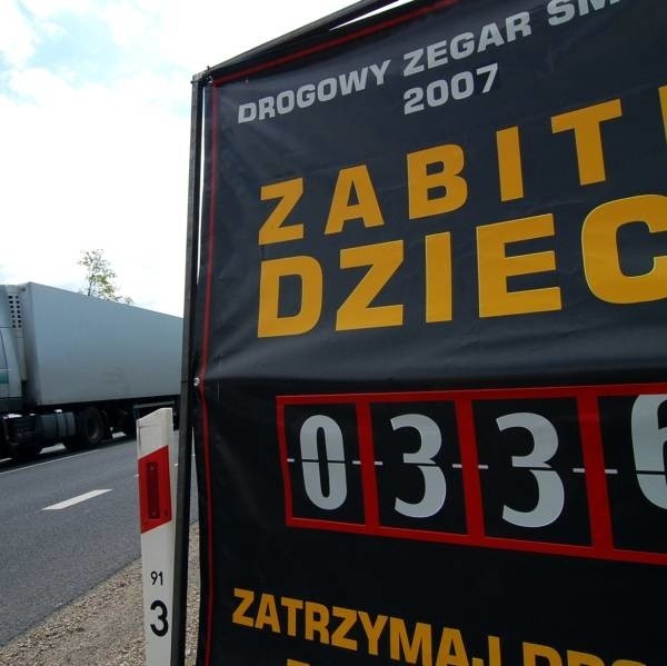 "Zegar śmierci&#8221; ustawiony przy drodze we Włostowie. Widoczna na zdjęciu plansza ukazuje liczbę dzieci - ofiar wypadków drogowych w ubiegłym roku.