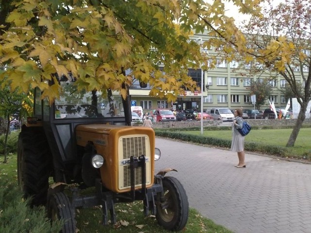 Ciągnik "Ursus" zaparkował na trawniku przy starostwie w Sokółce