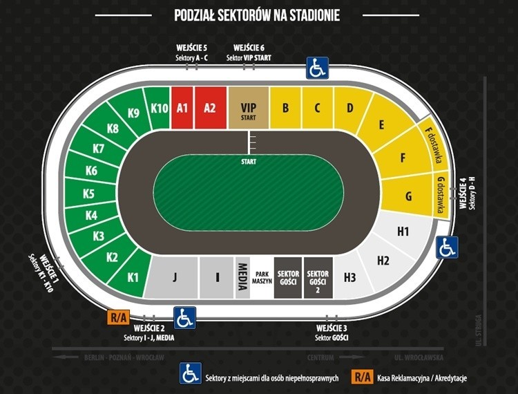 Podział sektorów na stadionie Falubazu Zielona Góra przy W69