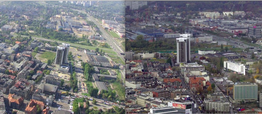 Chorzowska, Sokolska, Stalexport. Z lewej w 2007, z prawej w...