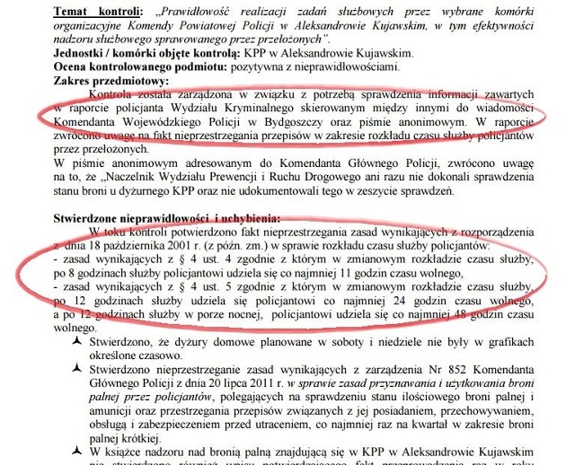 Screen z pdf-a z kontroli przeprowadzonej w komendzie w Aleksandrowie Kujawskim w czasie, kiedy jednostką kierował insp. Dariusz Borowiec, bohater tekstu. Kontrola została przeprowadzona po skardze policjanta z wydziału kryminalnego i po skierowaniu do KWP anonimu  w 2015 roku.