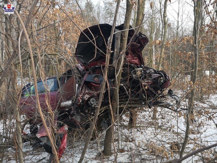 Wypadek w Kolonii Góra Puławska. Ford rozbił się na drzewie. Kierowca jest ciężko ranny