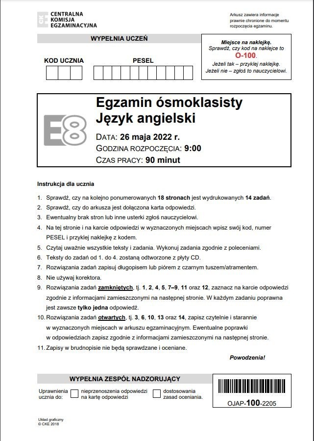 Egzamin ósmoklasisty 2022. Język angielski, pytania i odpowiedzi, arkusze CKE (26.05.2022)