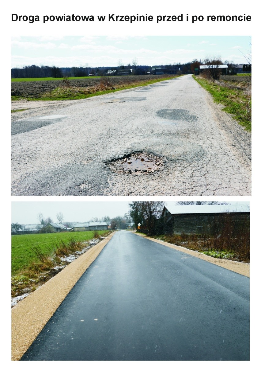 Droga powiatowa w Krzepinie przed i po remoncie.