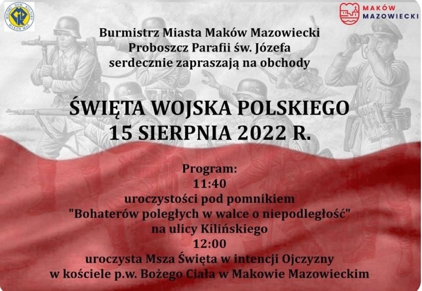 Maków Mazowiecki. Plakat dotyczący obchodów Święta Wojska Polskiego z hitlerowcami w tle. Urząd Miasta przeprasza. 14.08.2022