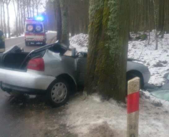 Wypadek na trasie Dunajek - Wronki. Audi uderzyło w drzewo. Dwie osoby ranne (zdjęcia)