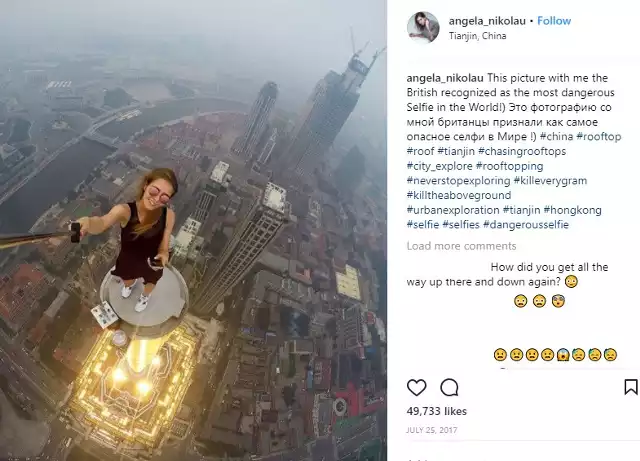 Angela Nikolau to gwiazda Instagramu z Rosji. Robi sobie zdjęcia, które zapierają dech w piersiach. Ekstremalne selfie to jej specjalność! Zobaczcie koniecznie!