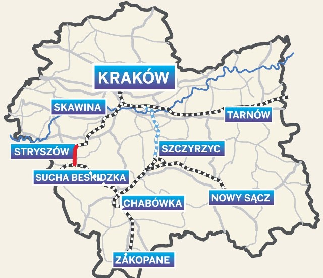 Linia przez Podłęże i Piekiełko (na niebiesko) jeszcze bardziej skróci dojazd do Zakopanego niż remontowana trasa przez Kalwarię