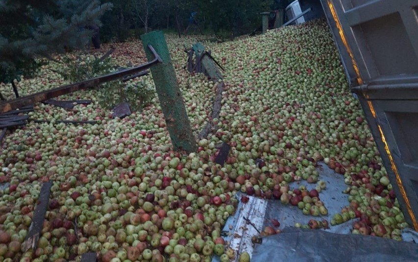 Ciężarówka z 24 tonami jabłek przewróciła się w Przyborowie na DW 768. Są utrudnienia w ruchu