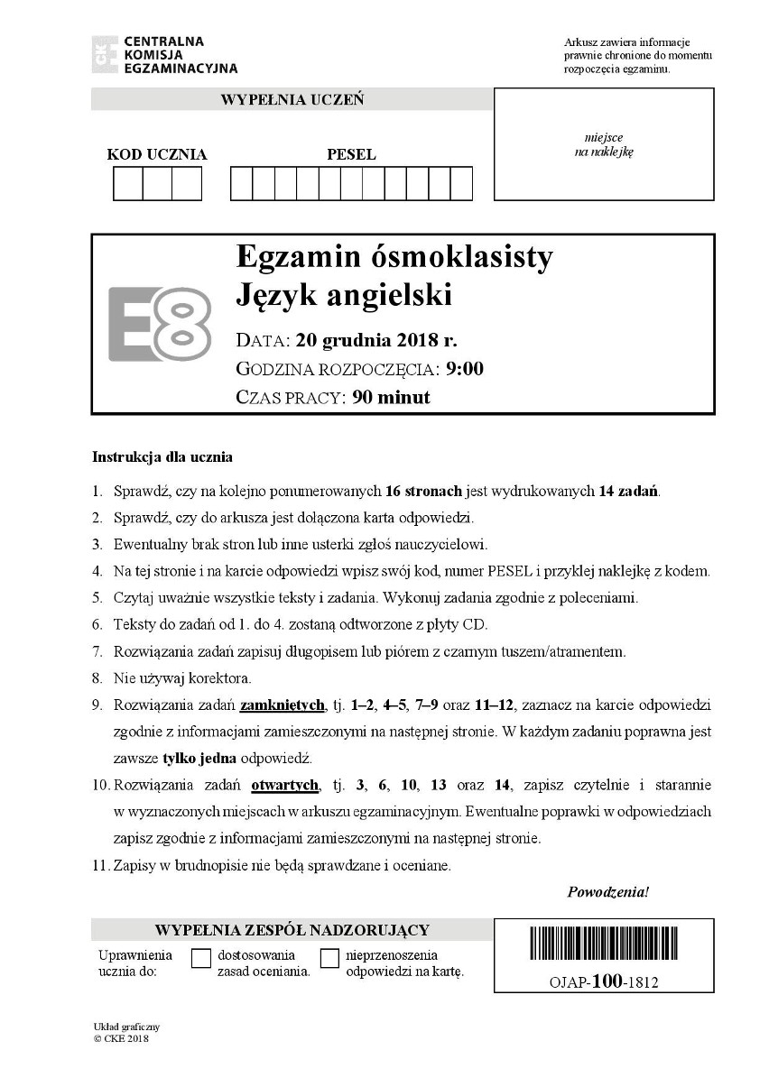 Próbny egzamin ósmoklasisty 2018: Język angielski [ODPOWIEDZI, ARKUSZE,  ZADANIA] Egzamin 8-klasisty z języka angielskiego - 20 grudnia 2018 | Głos  Wielkopolski