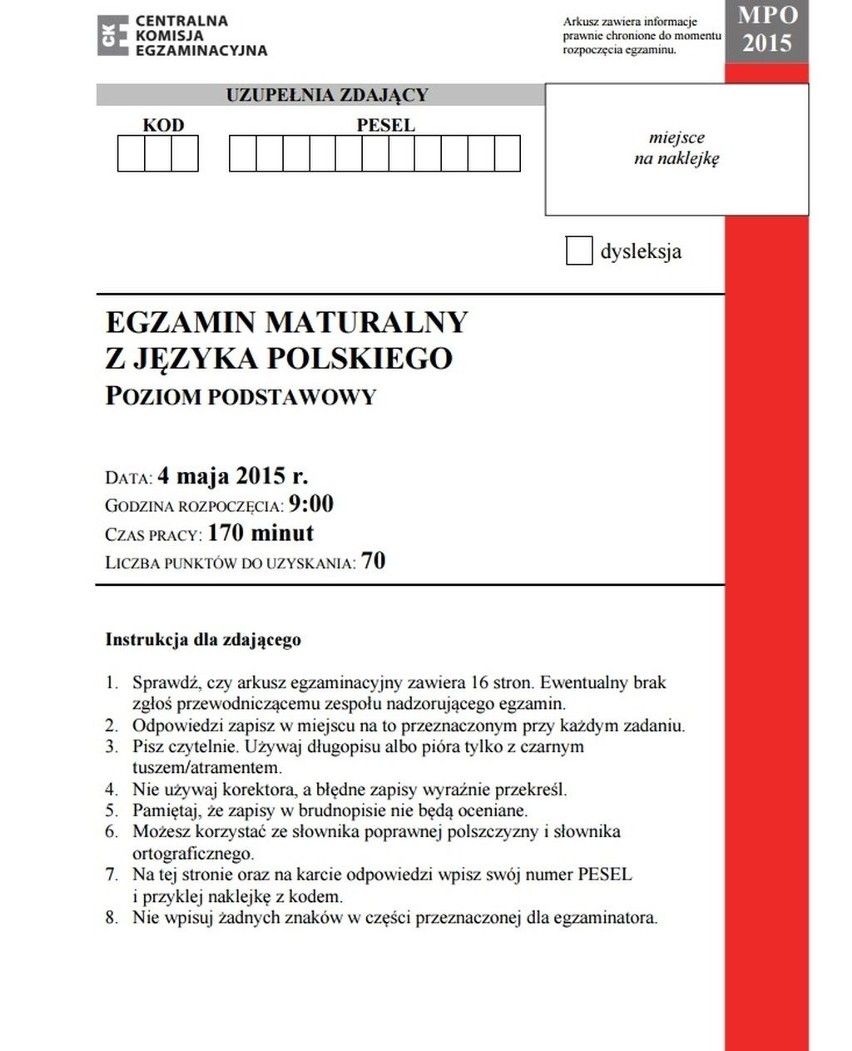 Arkusz maturalny z języka polskiego 2015