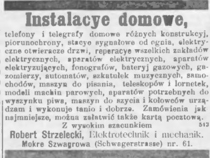 Ogłoszenie elektrotechnika Roberta Strzeleckiego z ulicy...