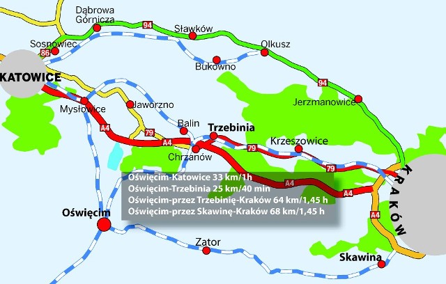 Linie kolejowe oznaczone są biało-niebieskim kolorem. Na trasach w regionie pociągi miejscami zwalniają nawet do kilku km/h