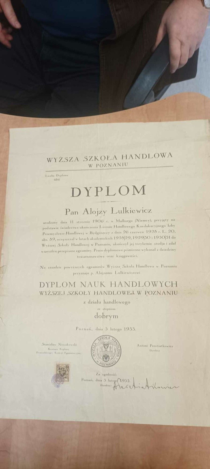 Dyplom z 3 lutego 1933 roku, jaki Alojzy Lulkiewicz uzyskał...