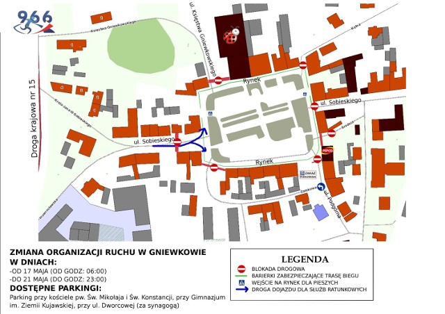 W związku z biegiem na 966 kilometrów we wtorek o godz. 6 rano ruch samochodowy wokół Rynku zostanie zamknięty. Nowa organizacja ruchu obowiązywać będzie do 21 maja (do godz. 23)