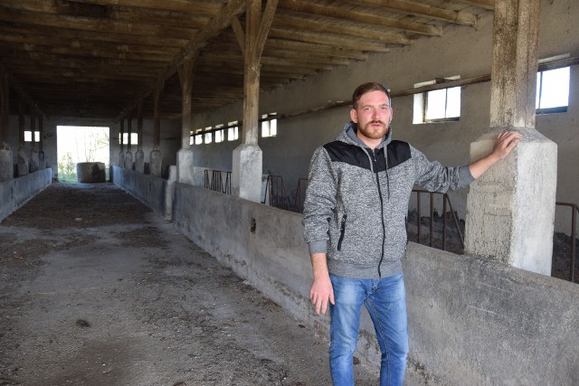 Tomasz Copija w jednym z nieużywanych budynków w Naczkowie, gdzie 30 lat temu hodowano byki. Właściciele wycofują się z ich sprzedaży na azyl dla krów.