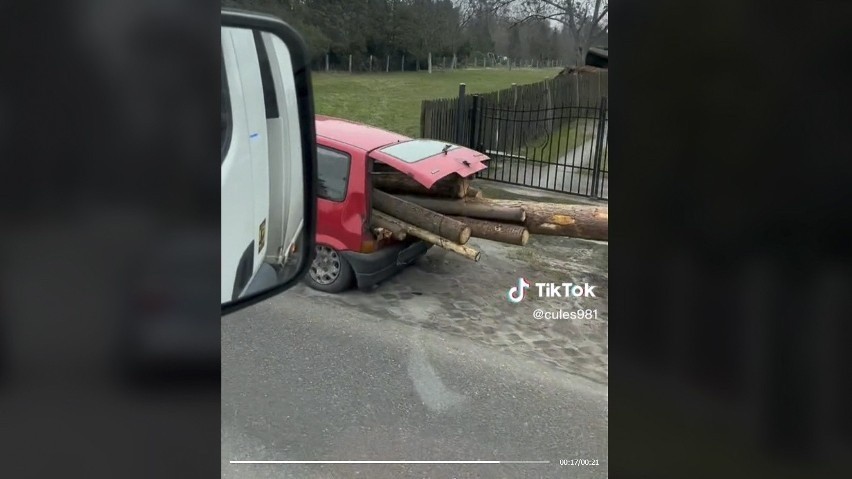 Swoim Cinquecento wiózł potężne bale drewna! ZOBACZ WIDEO. Policjanci w szoku! Ładunek zabezpieczył kamizelką 26.04.2023