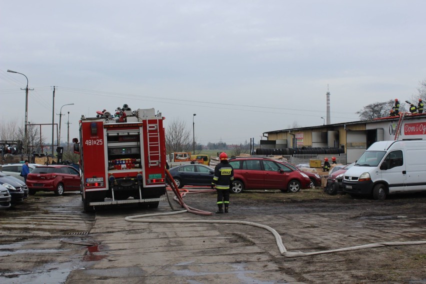 Pożar przy ul. Karniszewickiej w Pabianicach. Płonęły części samochodowe [zdjęcia]