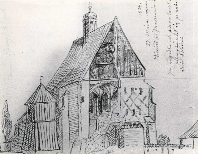Rysunek częściowo zwalonego kościoła w Proszowicach. Wewnątrz widać fragmenty gotyckiego sklepienia