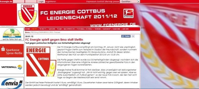 O odwołaniu niedzielnego sparingu poinformowała dziś oficjalna strona Energie Cottbus.