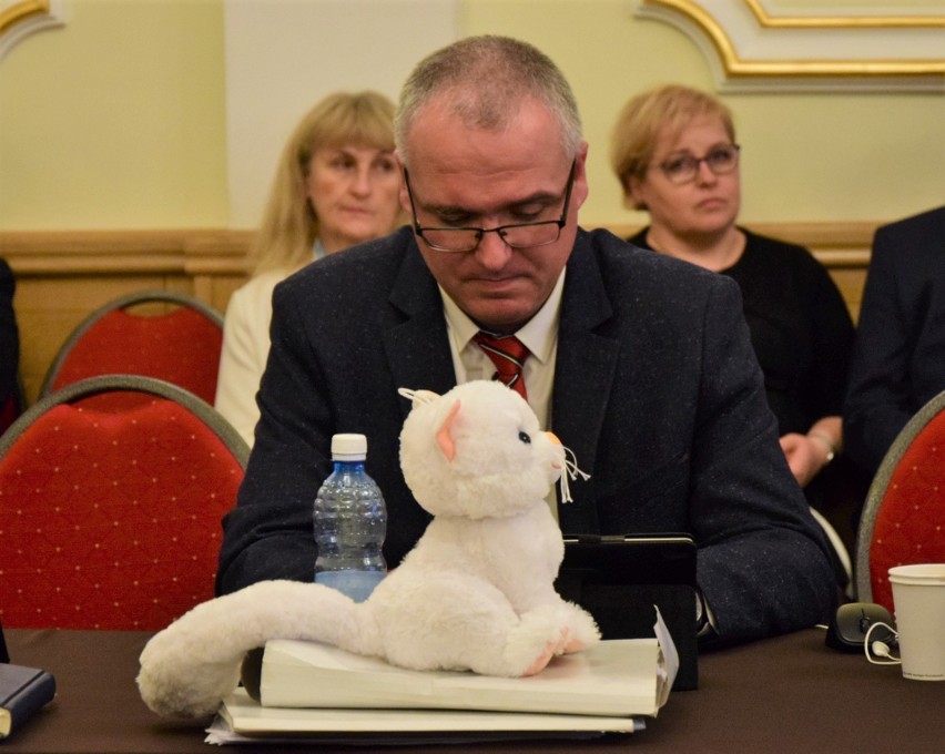 Radny Tarnobrzega Kamil Kalinka przyniósł kota na sesję rady miasta. Maskotka odegrała swoją rolę na mównicy - zdjęcia 