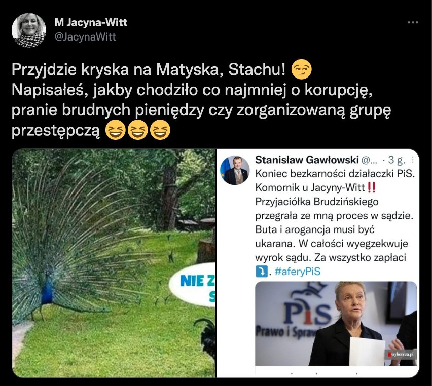 Jacyna-Witt kontra Gawłowski. Wymiana zdań na Twitterze. Komornik, radna i senator, czyli w polityce bez zmian 