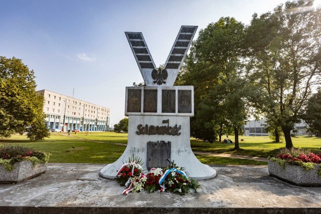 Pomnik ma formę stalowej litery V, symbolizującej zwycięstwo (z ang. victory). Konstrukcja znajduje się na cokole.