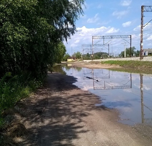 Tak wygląda gruntowa ulica Zagonowa w pobliżu przejazdu kolejowego u zbiegu Wjazdowej i Gajowej. Po opadach deszczu przypomina jedno wielkie jezioro. 