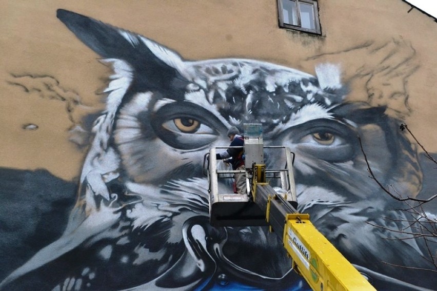 Majestatyczna sowa na ścianie budynku przy ul. Sempołowskiej...