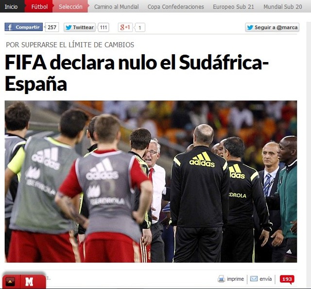 Wg hiszpańskiej gazety wynik meczu RPA - Hiszpania nie będzie oficjalnie uznany przez FIFA
