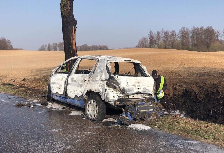 Krzyżewko. Samochód uderzył w drzewo i doszczętnie spłonął (zdjęcia)