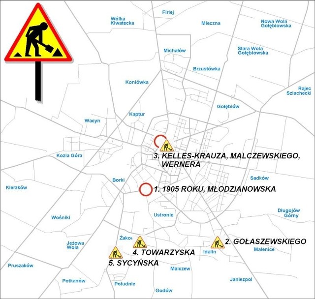 Mapa utrudnień w ruchu na ulicach Radomia.