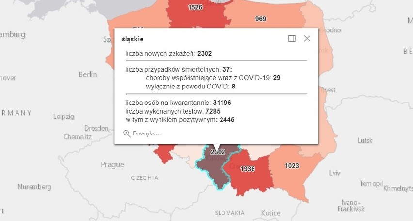 Liczba zakażeń w Polsce i w powiatach woj. śląskiego 12...