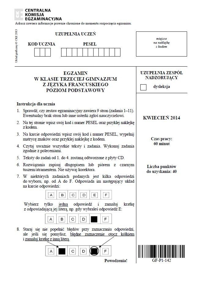 Egzamin gimnazjalny 2014 z CKE. Język francuski: podstawa i rozszerzenie [ARKUSZE, ODPOWIEDZI]