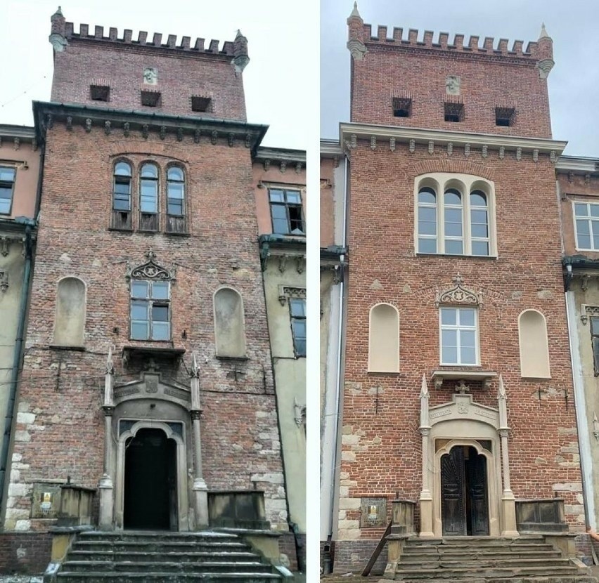 Wieża zamku przed renowacją w 2017 roku i po zakończeniu...