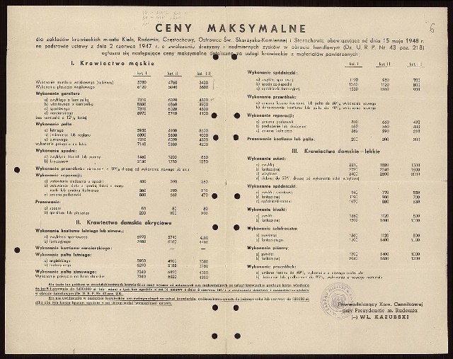 Wykaz cen na artykuły krawieckie „ustalony” przez Komisję Cennikową przy Prezydencie miasta Radomia, 1948 r. Ze zbiorów Archiwum Państwowego w Kielcach.