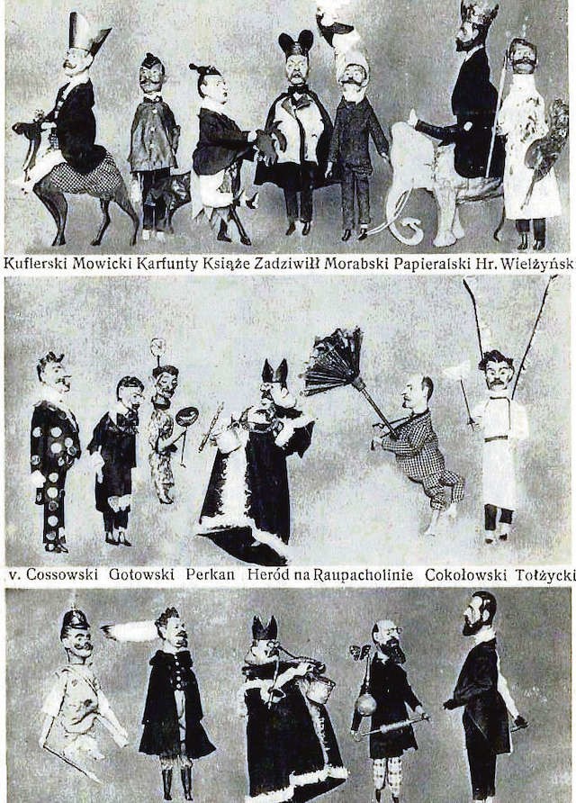 Szopka berlińska  z 1913 roku. Pocztówka jest polska, więc nazwiska niektórych jej bohaterów można bez encyklopedii rozpoznać nawet dziś