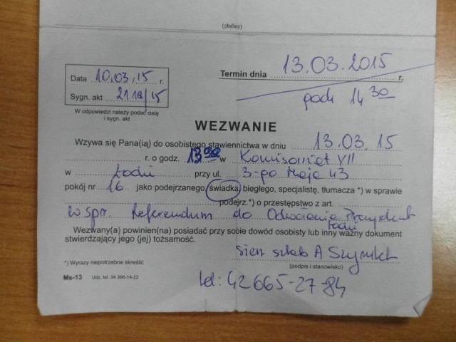 Tak wygląda wezwanie dla osób, które poparły organizację referendum