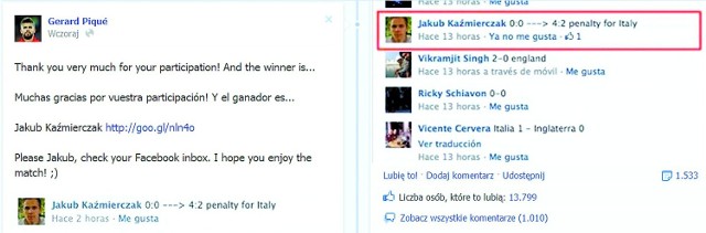 Tak Gerard Pique ogłosił oficjalnie zwycięzcę konkursu na swoim profilu na portalu społecznościowym