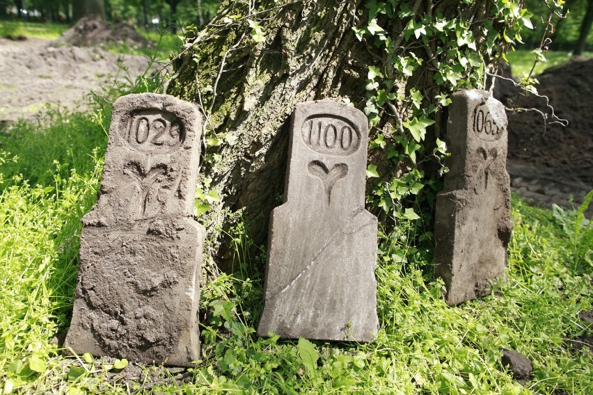 Stare, kamienne oznaczenia cmentarnych kwater i pozostałości...