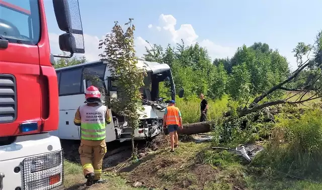 W Żarkach (gmina Libiąż), na DW 780, autobus uderzył w drzewo