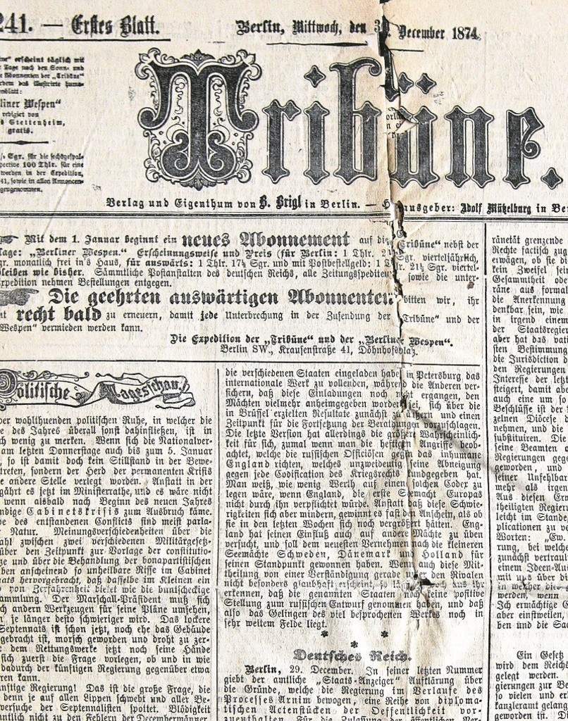 Niezwykłe znalezisko podczas remontu. Gazeta Tribüne z  30 grudnia 1874 leżała na strychu