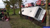 Wopławki: Wypadek autobusu z dziećmi przed Kętrzynem. Kobieta wyprzedzała ciągnik. 18 osób poszkodowanych (zdjęcia) [1 października 2019]
