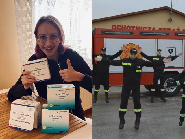 Ciesząca się z pierwszej dostawy leków Monika oraz strażacy i strażaczki z Bolmina w trakcie podejmowania wyzwania.