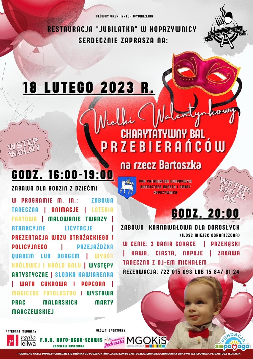 Wielki Walentynkowy Charytatywny Bal Przebierańców na rzecz chorego na SMA Bartoszka Jędrasika w Koprzywnicy. Dużo atrakcji 