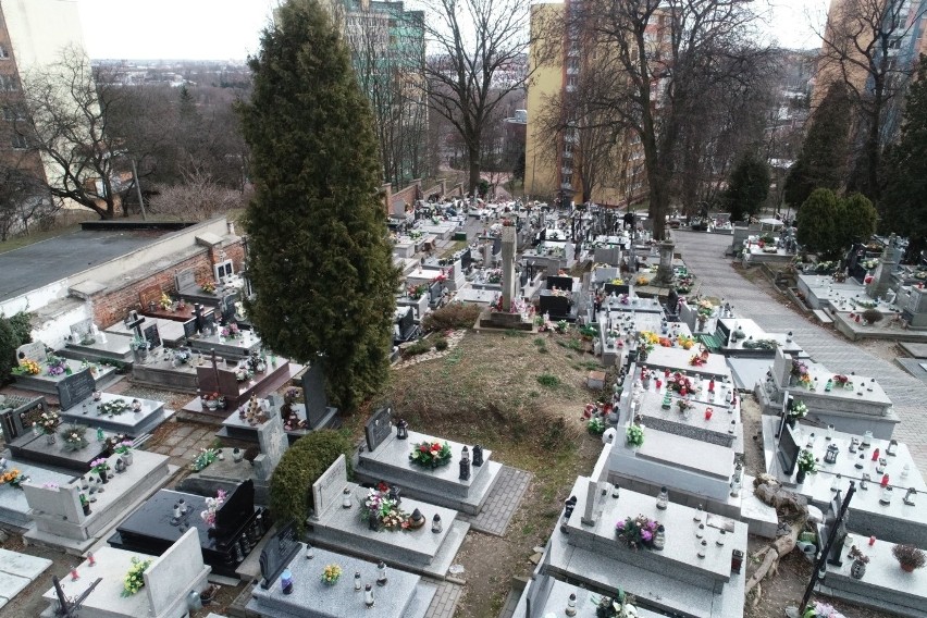 Kopiec znajduje się wśród alejek i nagrobków cmentarza przy...